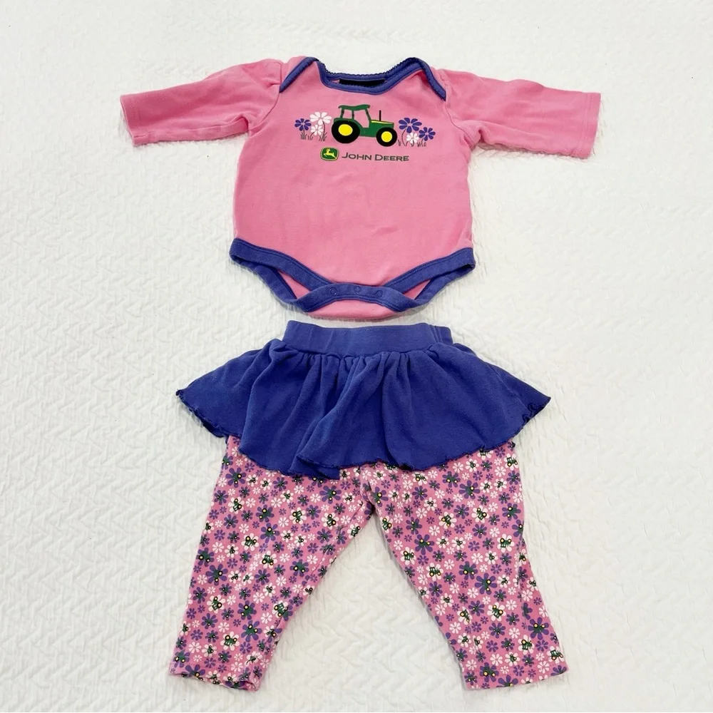 John Deere Baby Girl Outfit 6/9 Months Pink Purple Floral Tractor Skirt Pants